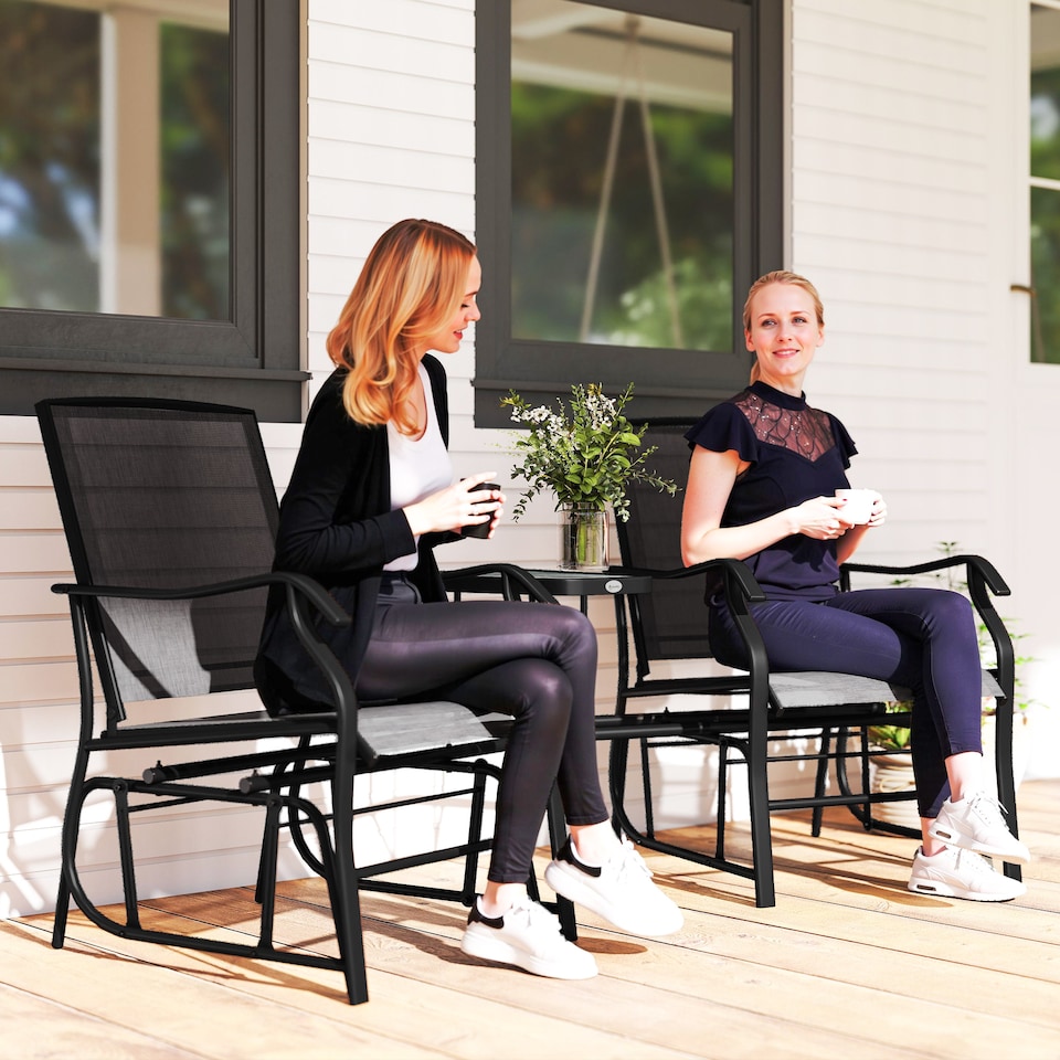 image 1 of Outsunny Outdoor Double Glider Rocking Chairs with Glass Top Middle Table, Metal Gliding Love Seat Conversation Furniture with Breathable Mesh Fabric Seat, for Garden, Patio, Black