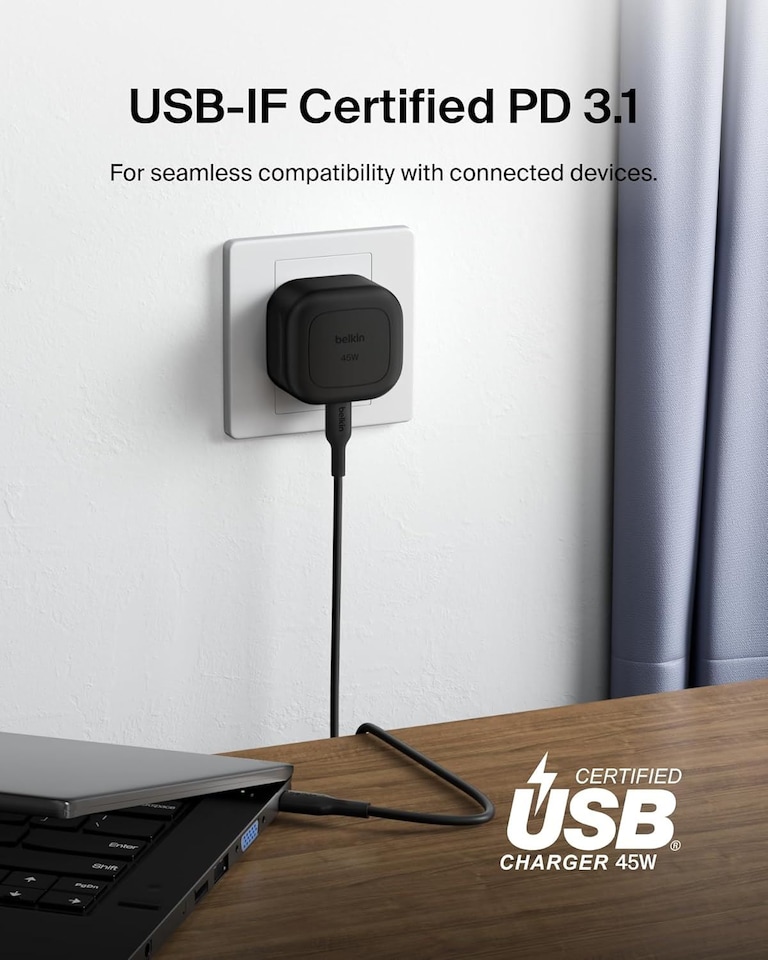 image 1 of Belkin Boost Charge 45W USB C UK Wall Charger with USB C to C Cable Black - WCA013my1MBK-B6 | Black | Black