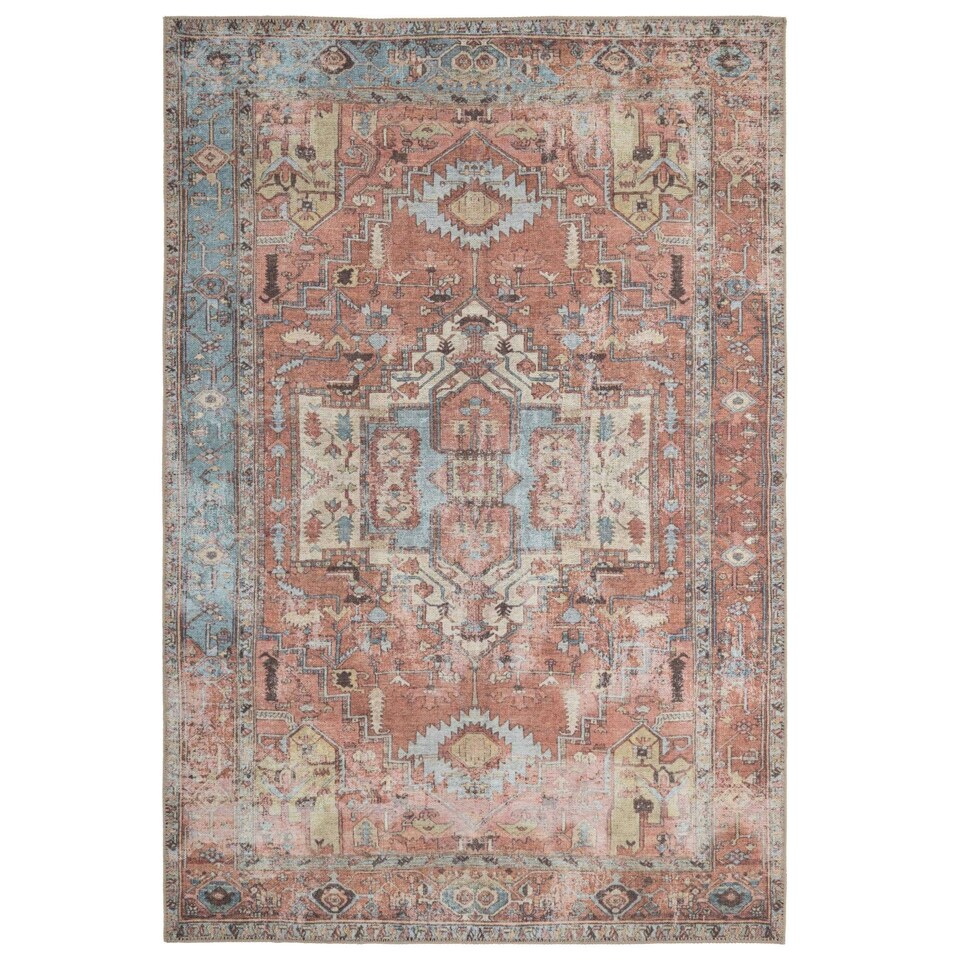 image 1 of KUKOON Terracotta Distressed Aztec Geometric Non Slip Washable Low Pile Rug 80cm x 150cm | Orange