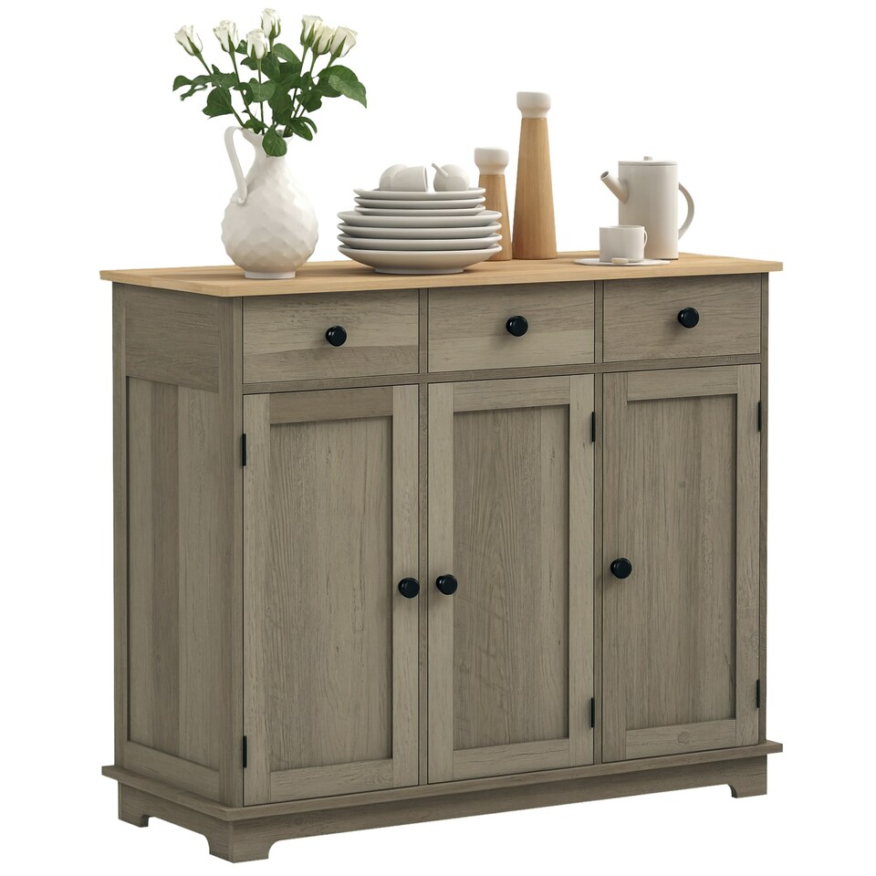 image 1 of HOMCOM Sideboard Buffet Cabinet with Rubber Wood Top and Drawers, Grey 