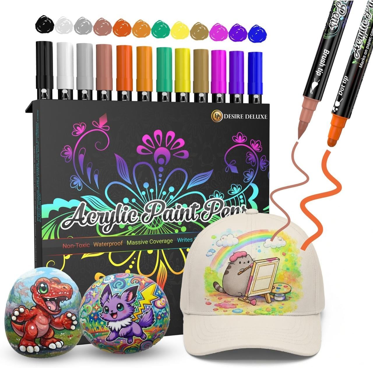 Desire Deluxe Acrylic Paint Pens for Rock Painting, Stone, Ceramic, Glass, Wood, Canvas Set of 12 Non Toxic Water Based Markers Great Artists Painting Supplies