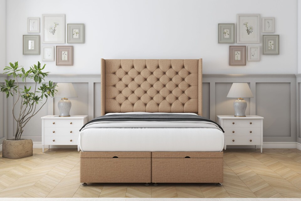 image 1 of Sloomy Dior Latte Dumfries Ottoman Bed With Mattress With 54" Wingback Headboard 6' Super King
