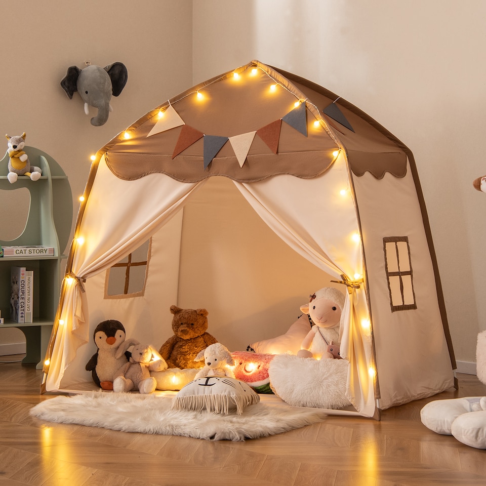 image 1 of COSTWAY Kids Play Tent Indoor & Outdoor Extra Large Playhouse Tent-Coffee