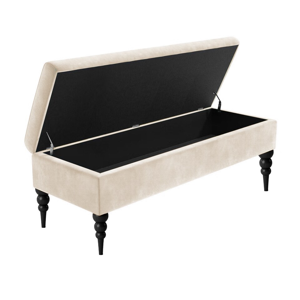 image 1 of 150cm Safar Plain Ottoman Storage Bench -Upholstered Shoes Bench with Black Turned Wooden Legs - Cream Naple Ottoman Bench