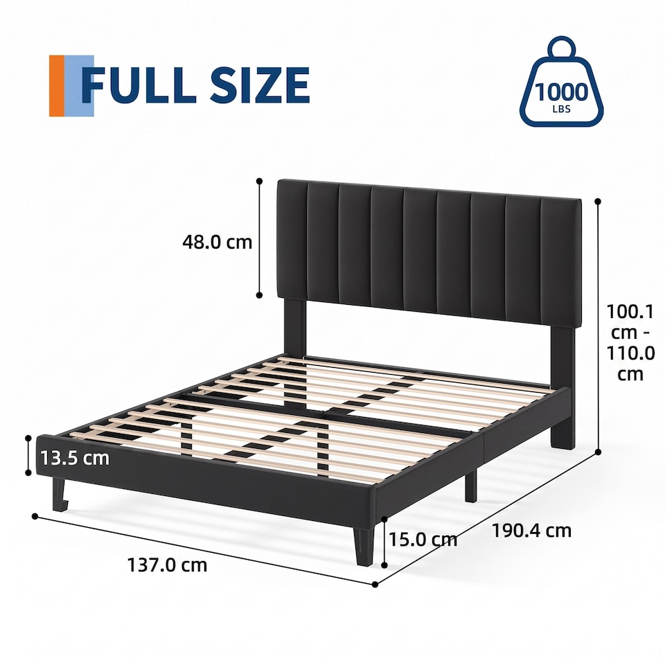 image 1 of London Boutique Double Velvet Upholstered Bed Frame with Adjustable Tufted Headboard - Black