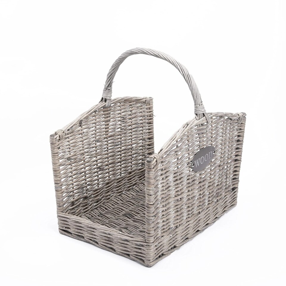 image 1 of Wickerfield Wicker Log Basket, Grey Firewood Basket With Handle, Rustic Fireside Wood Storage Basket For Fireplace, Wood Burner And Kindling (Medium)