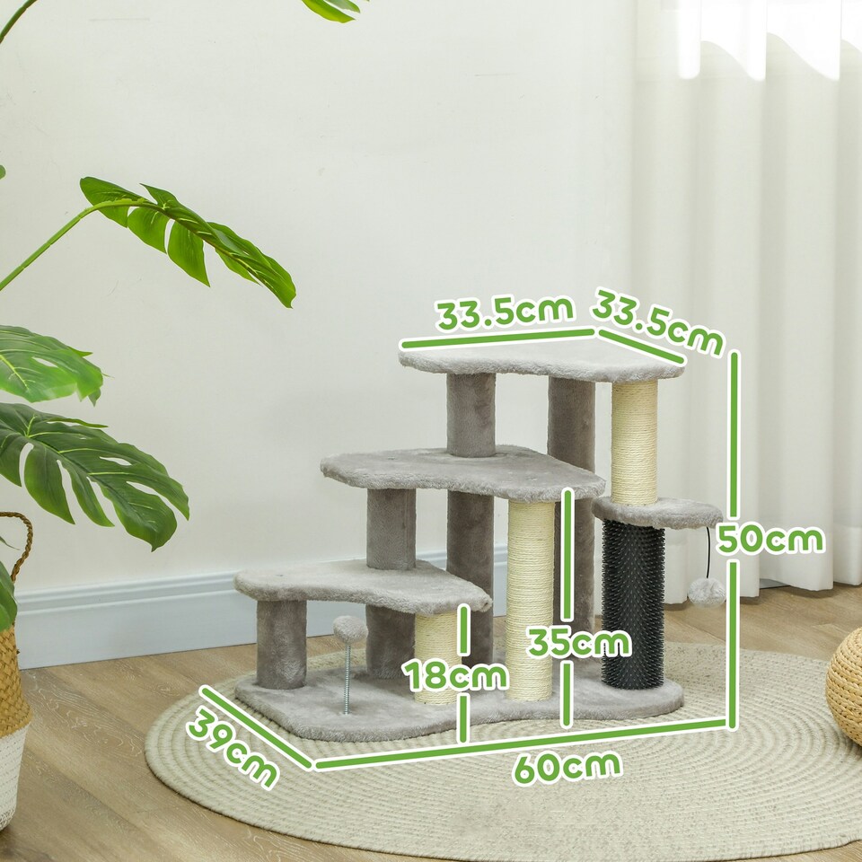 image 1 of PawHut Dog Cat Stairs Pet Steps for Bed Sofa with Scratching Post Light Grey