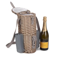 Wicker Single Bottle and 2 Champagne Glass Carrier With Shoulder Strap