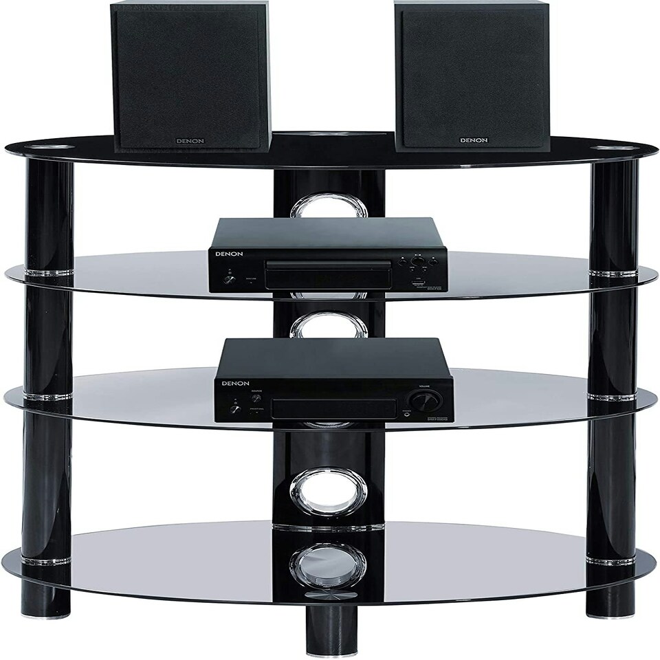 image 1 of Centurion Supports HALIGON 4-Shelf Oval Premium Gloss Black Glass with Black Legs AV Rack Black