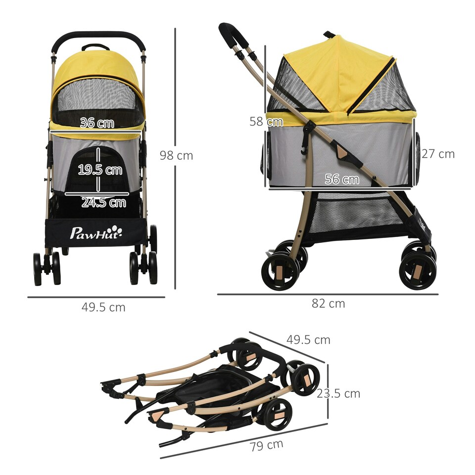 image 1 of PawHut 3 In 1 Pet Stroller, Detachable Dog Cat Travel Carriage - Yellow