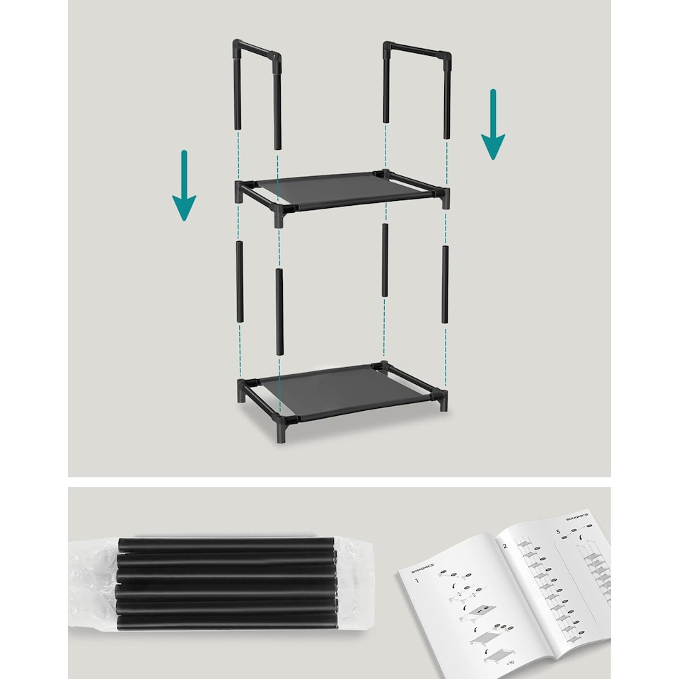 image 1 of 10-Tier Shoe Tower, Compact Storage Rack with Fabric Shelves and Metal Frame, Black
