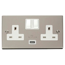 SE HOME Pearl Nickel 2 Gang 13A 1 USB Twin Double Switched Plug Socket White | Pearl Nickel