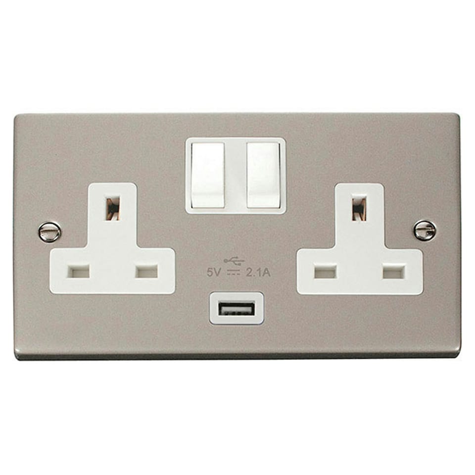 SE HOME Pearl Nickel 2 Gang 13A 1 USB Twin Double Switched Plug Socket White | Pearl Nickel