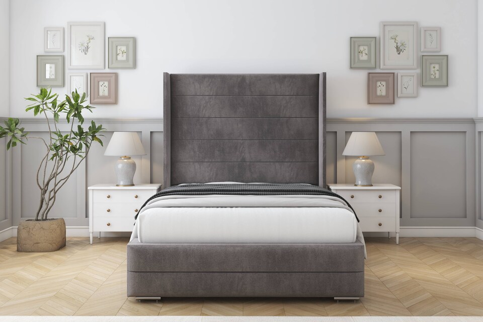 image 1 of Sloomy Sterling Slate Naples Bed Frame With 50"  Upholstered Wingback Headboard 4' Small Double