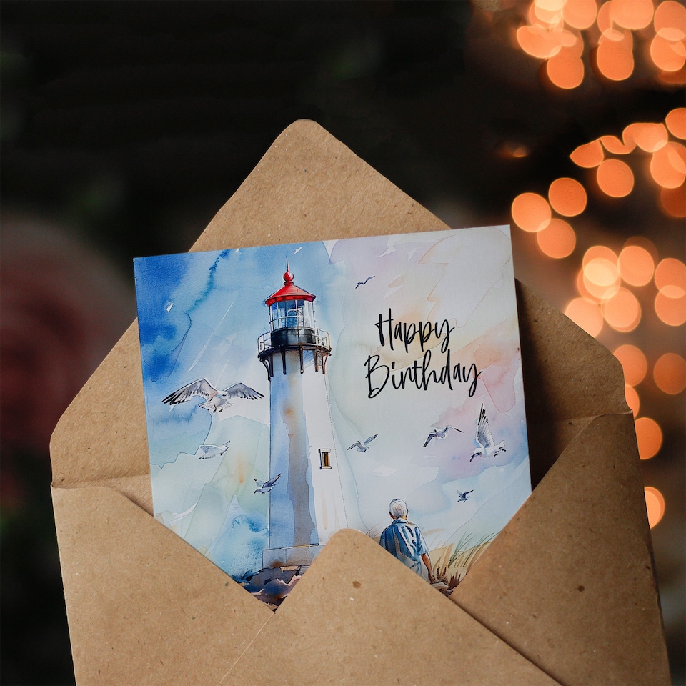 image 1 of Lighthouse Seagulls Beach Walk With Grandad Birthday Card