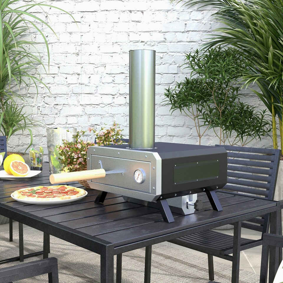 image 1 of Outsunny Wood Fired Pizza Oven with Rotating Pizza Stone and Cover, Black