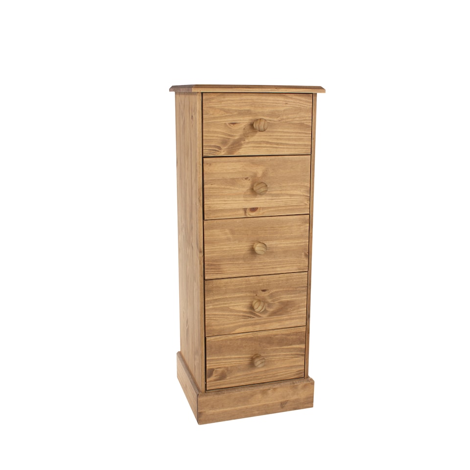 image 1 of Cotswold 5 Drawer Narrow Chest of Drawers - Antique Waxed Pine Bedroom Storage with Turned Handles | Brown | Brown | 1