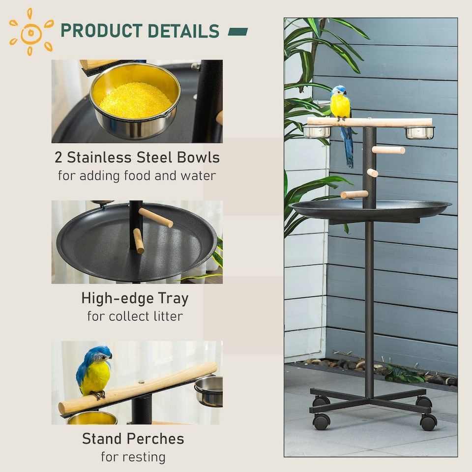 image 1 of PawHut Metal Bird Table Play Stand, Bird Feeder Station with Wheels Feeding Bowl