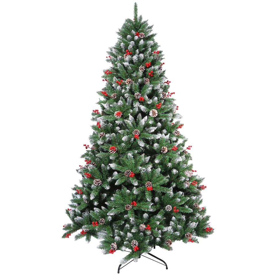 image 1 of Neo 2.1 m 7 ft Christmas Xmas Tree Flocked Snowy Effect Fake Pine Cone Red Berries Metal Stand Flocked Tips | Green