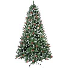 Neo 2.1 m 7 ft Christmas Xmas Tree Flocked Snowy Effect Fake Pine Cone Red Berries Metal Stand Flocked Tips | Green