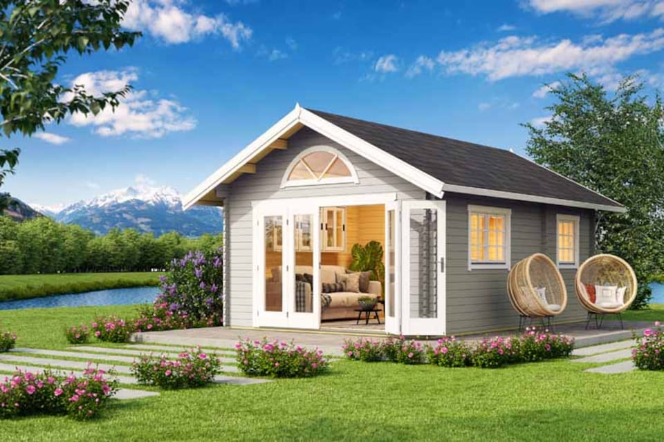 image 1 of Caroline 2 & Window set 3-Log Cabin, Wooden Garden Room, Timber Summerhouse, Home Office - L675 x W489.9 x H330.6 cm | Brown