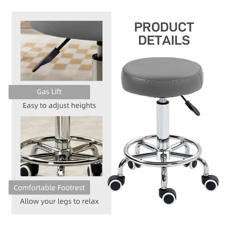 image 1 of Vinsetto Round PU leather Salon Beautician Stool Adjustable Height, Grey