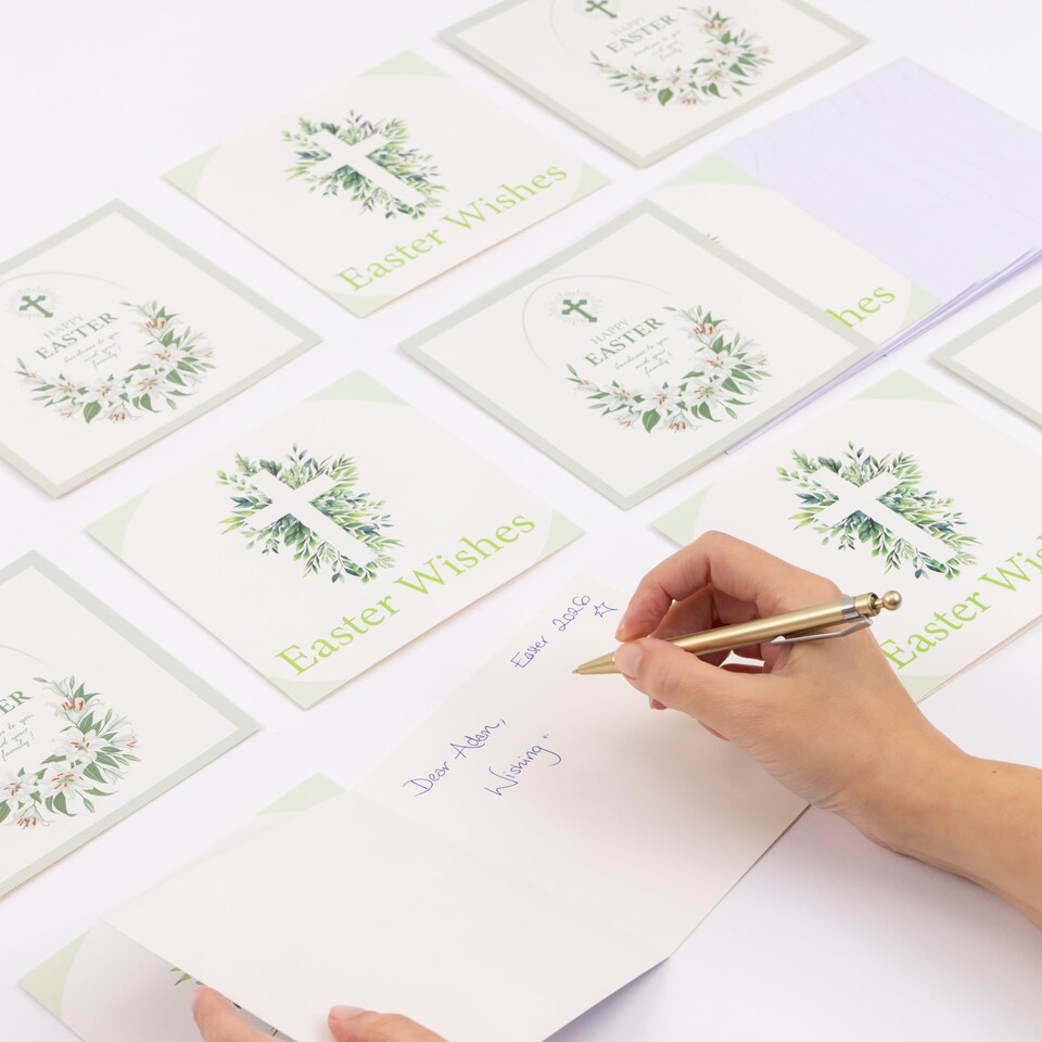 image 1 of Happy Easter Cards Pack of 10 with Envelopes - 14x14cm Square Seasonal Greeting Cards Blank Inside - Religious & Cheerful UK Designed Themes (Lilies) | Multi | Multi