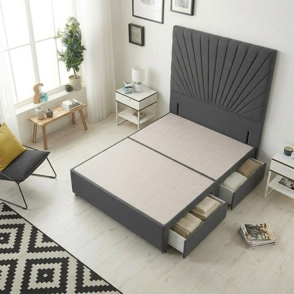image 1 of Sunburst Divan Bed with 2 Drawers & 54'' Floor Standing Headboard Linen Fabric | Grey | Grey