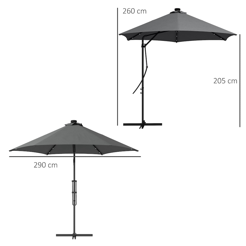 image 1 of Outsunny 3m Cantilever Parasol with Solar LED and Easy Lever, Garden Parasol Umbrella with Cross Base and Waterproof Cover, Outdoor Sun Shades, Dark Grey