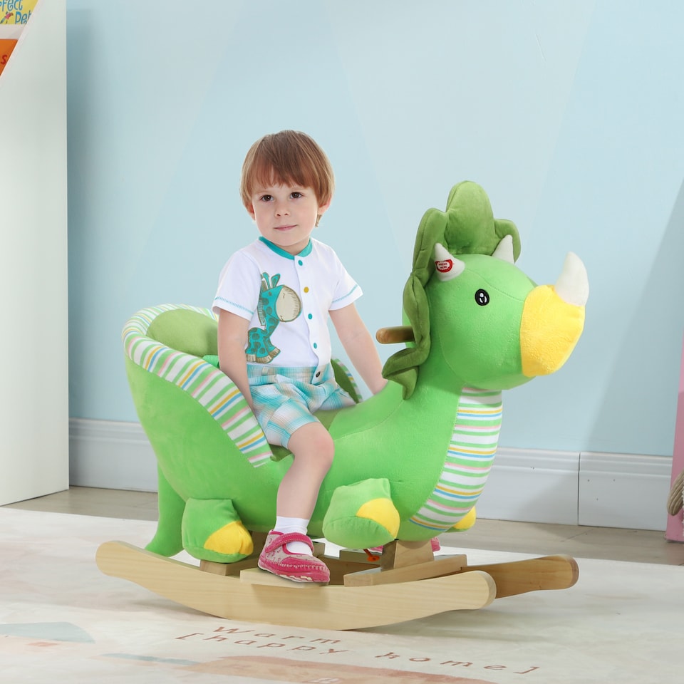 image 1 of AIYAPLAY Rocking Animal, Dinosaur Themed Rocking Ride on with Animal Sounds, Safety Belt, Wooden Base, Pedal, for Toddlers 18-36 Months, Green