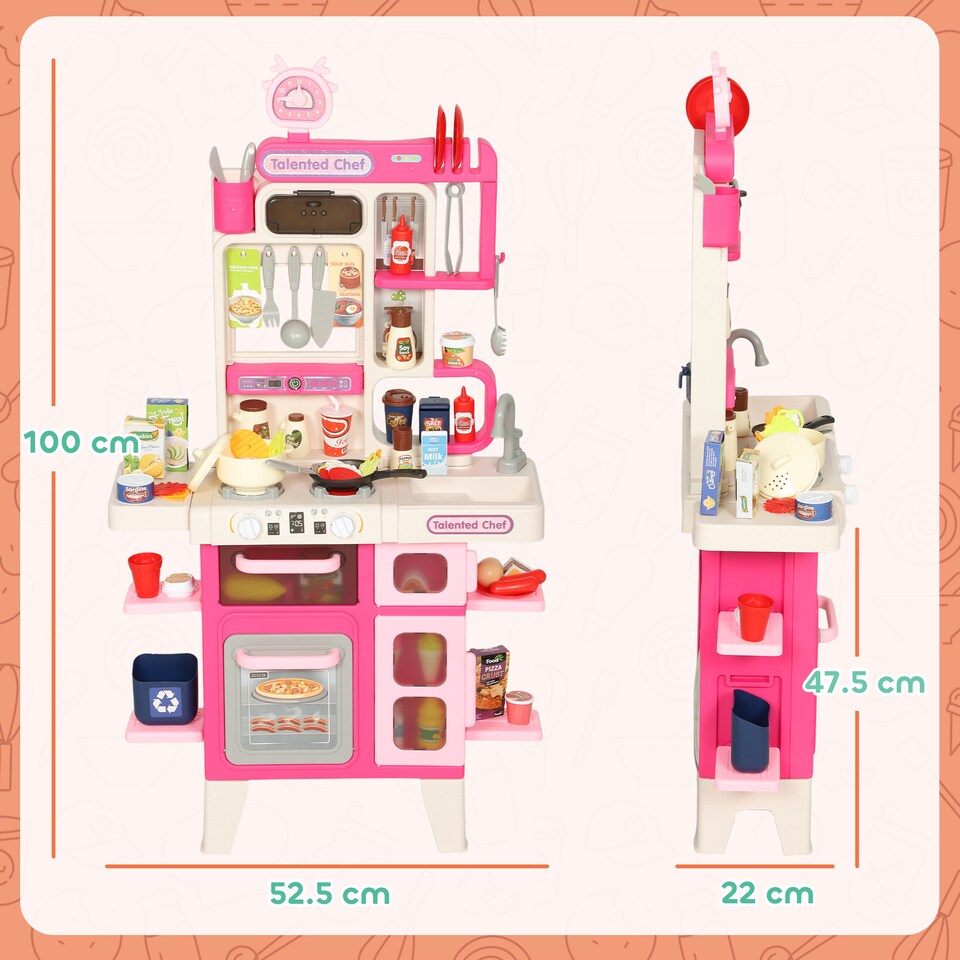 image 1 of AIYAPLAY Kids Play Kitchen Toy Kitchen Pretend Role Play Set 104PCS Accessories Including Realistic Lights & Sounds, Toy Food, Pots, Utensils, for 3-6 Years, Pink