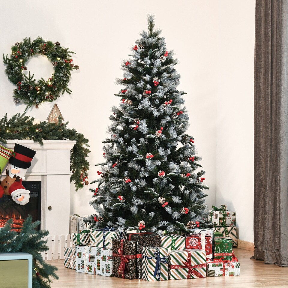 image 1 of HOMCOM 6FT Artificial Snow Dipped Christmas Tree mas Pencil Tree Holiday Home Party Decoration with Foldable Feet Red Berries White Pinecones, Green