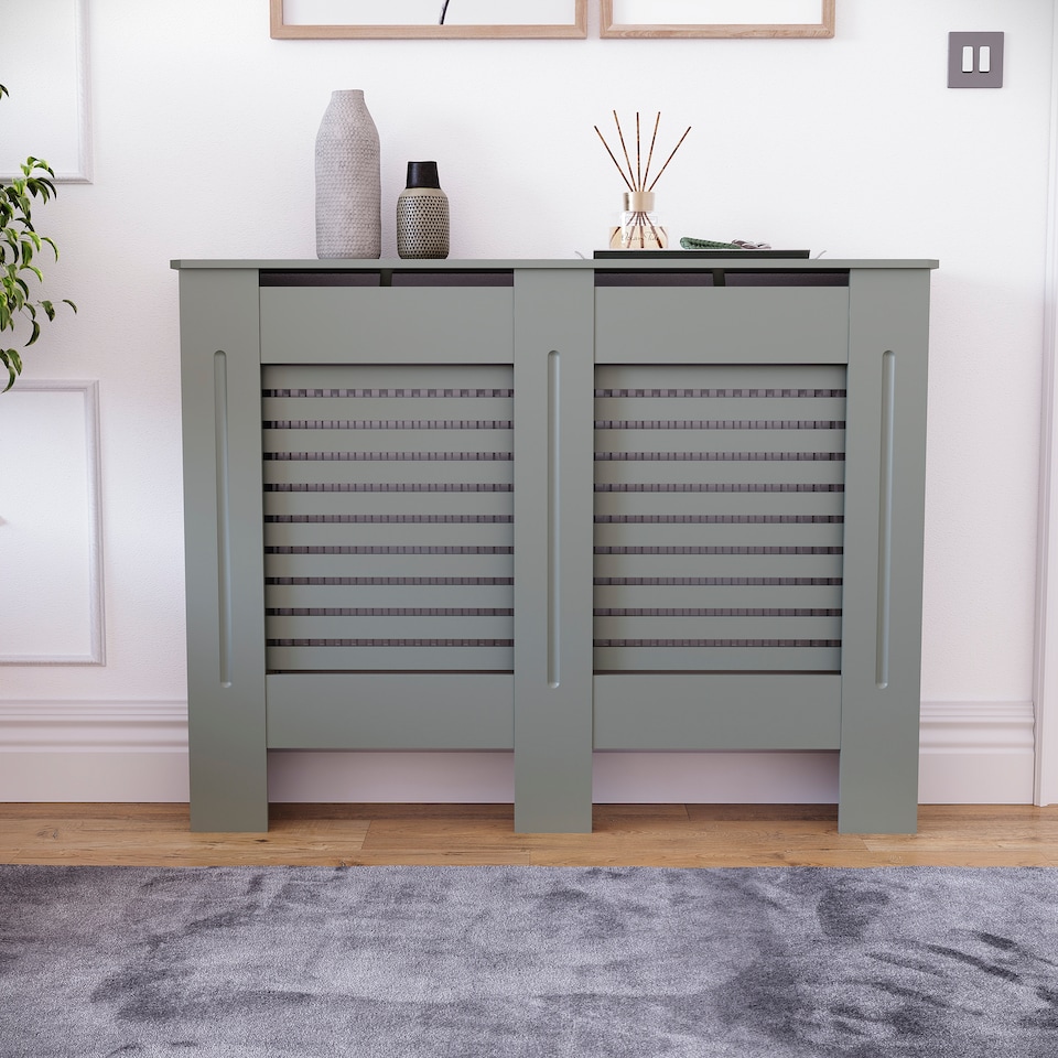 image 1 of Vida Designs Milton Radiator Cover Painted MDF Slatted Cabinet, Grey, 111cm