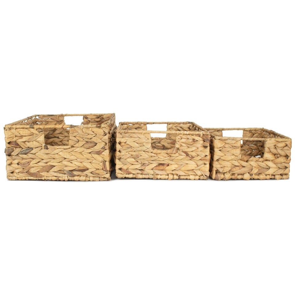 image 1 of Water Hyacinth Shallow Rectangular Storage Basket Set 3 Brown