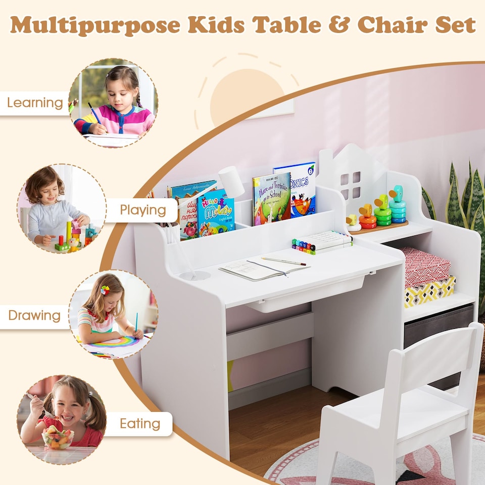 image 1 of COSTWAY Kids Study Desk and Chair Set Children Table White