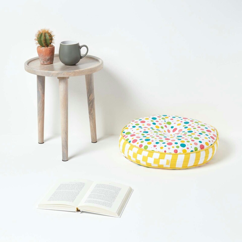 image 1 of Homescapes Multi Polka Dots & Yellow Stripes Round Floor Cushion Multi