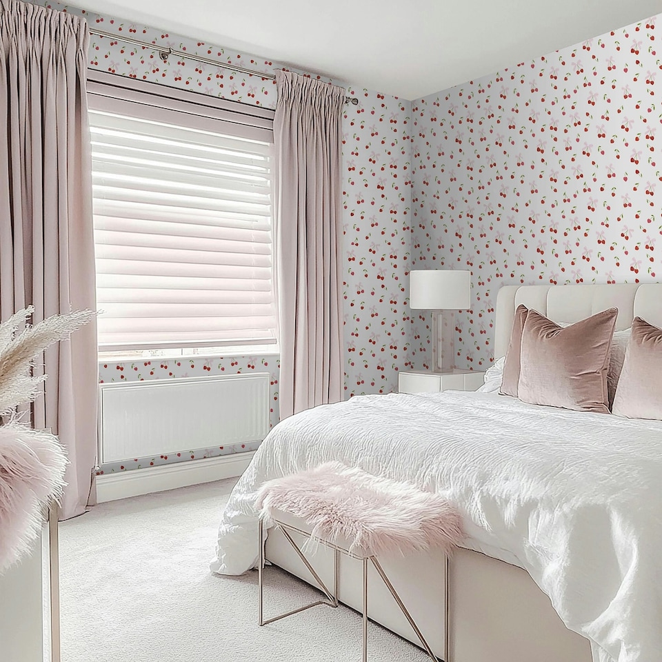 image 1 of Cherry Kisses Wallpaper in Pink & Red Pink