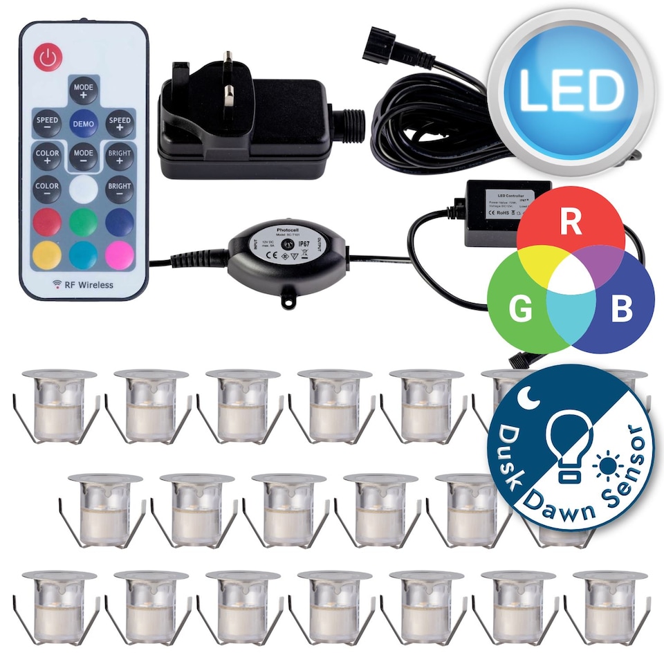 image 1 of Set of 20 - 30mm IP67 Colour Changing LED Decking Kit with Photocell | Chrome | Clear | 20