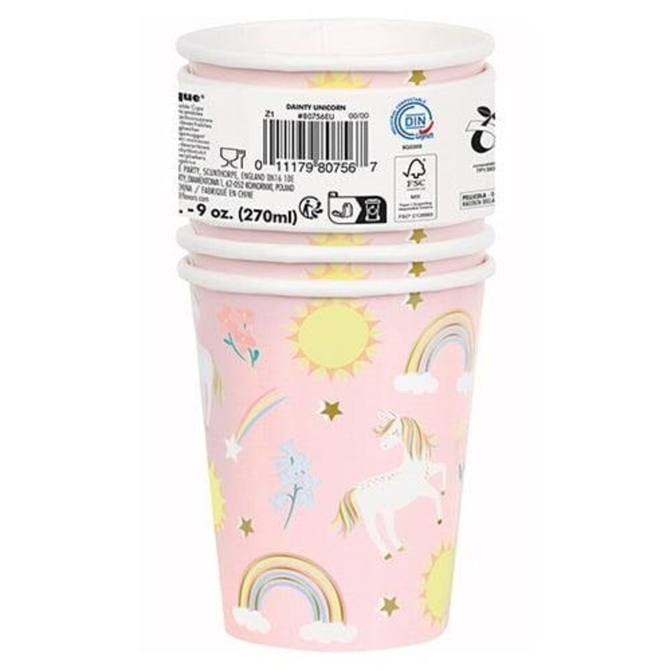 image 1 of Dainty Unicorn Compostable Paper Cups 270ml - Pack of 8 Pink