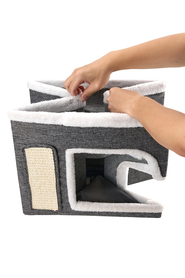 image 1 of Living and Home Double-Tier Foldable Cat House with Scratch Pad and Fluffy Ball