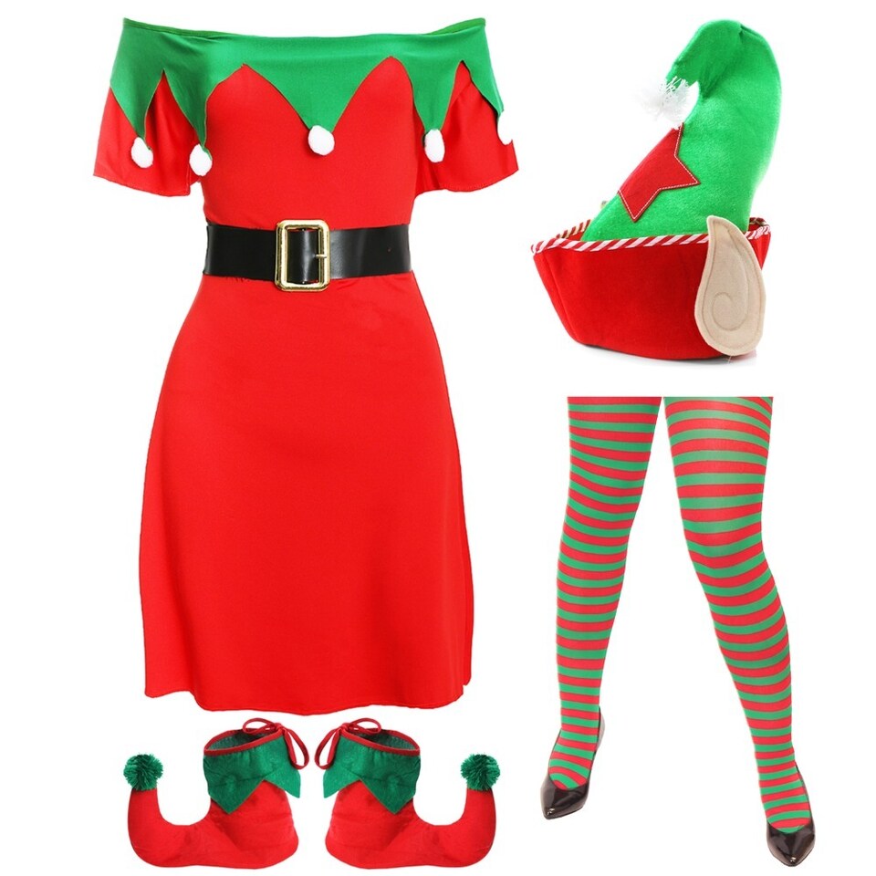 image 1 of Elf Costume - Dress, Tights, Boots & Hat | Multi | L