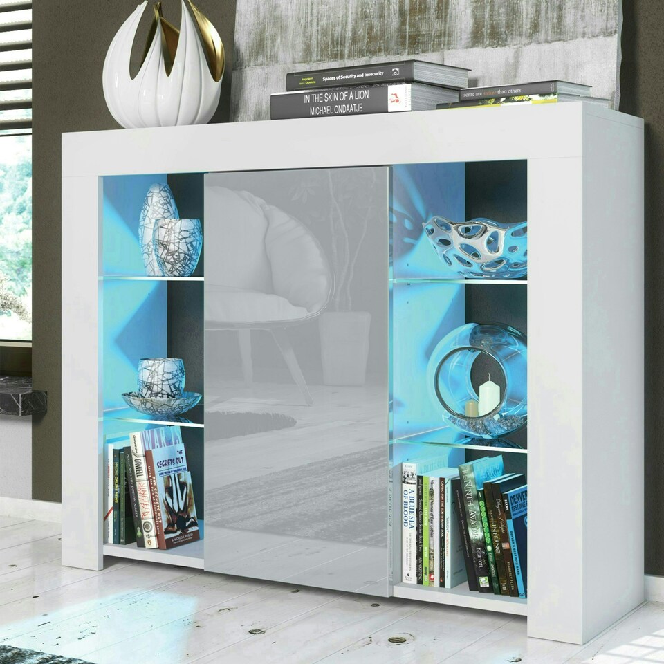 image 1 of Sideboard 97.5cm Grey Gloss Door White Matt Body Glass Shelves Free LED White | Grey