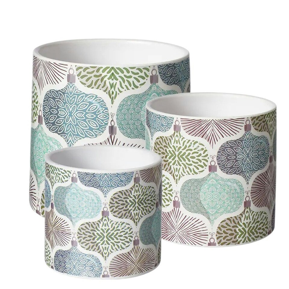 image 1 of Ceramic Retro Bauble Print Indoor Plant Pot - H15.5cm