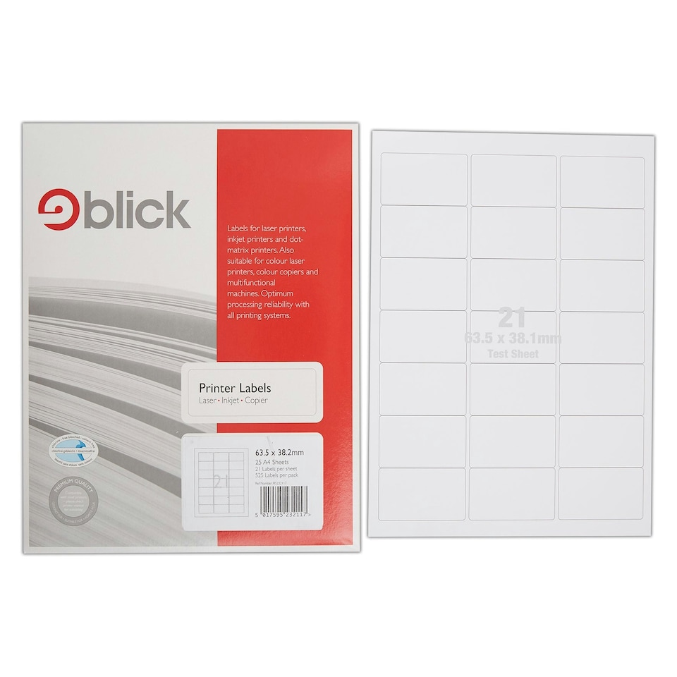 image 1 of Blick 21 Per Sheet 25 Sheets, 63.5mm x 38.2mm, Rectangular, White, 525 Labels