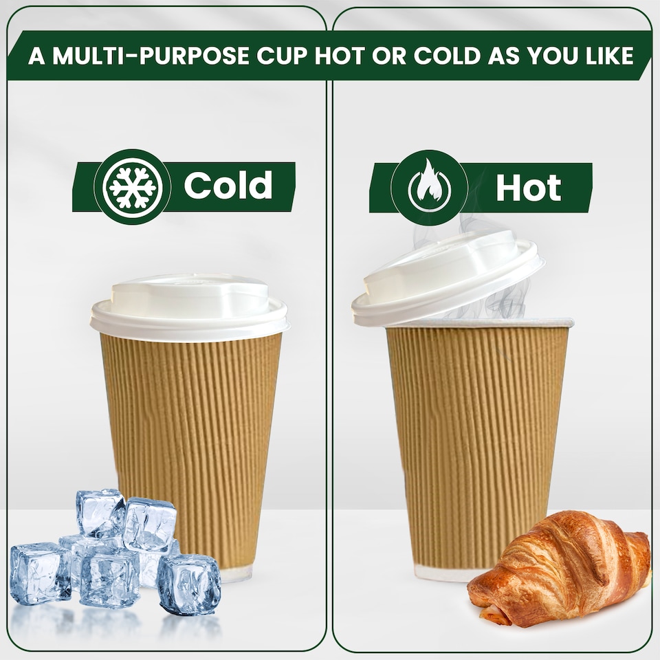 image 1 of ECONX 8oz Kraft Disposable Coffee Cups With White Lid Ripple Insulated Paper Cups 100pc