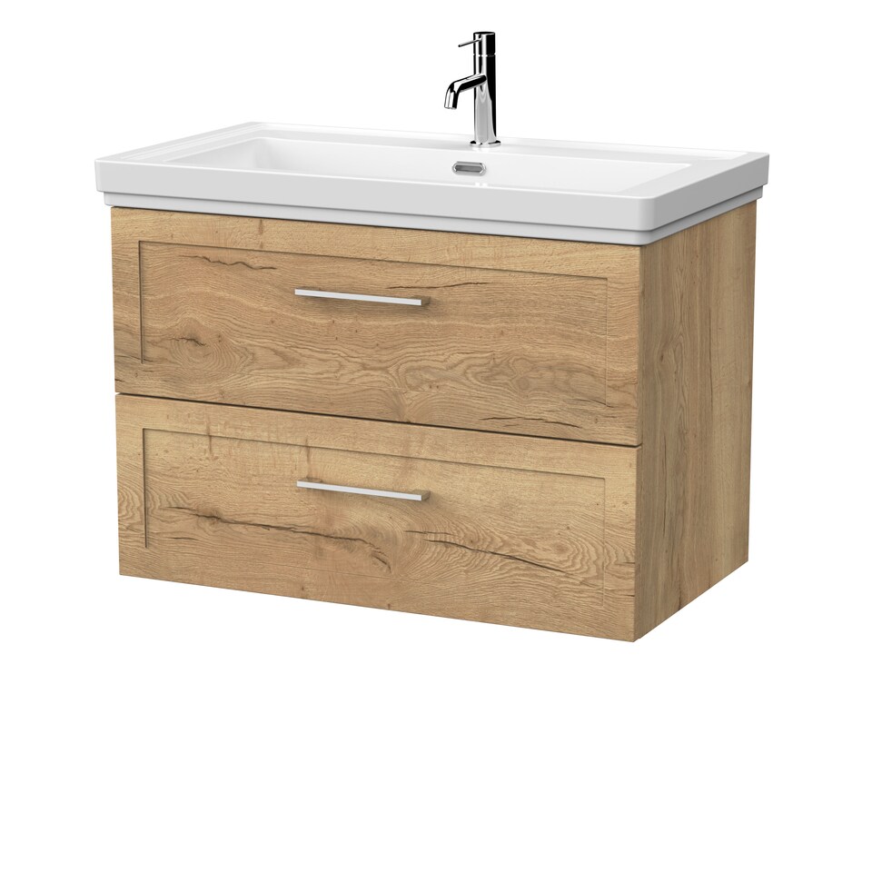 image 1 of Balterley Stonnall Traditional Wall Hung 2 Drawers Vanity Unit with Traditional 1 Tap Hole Fireclay Basin, 800mm, Autumn Oak