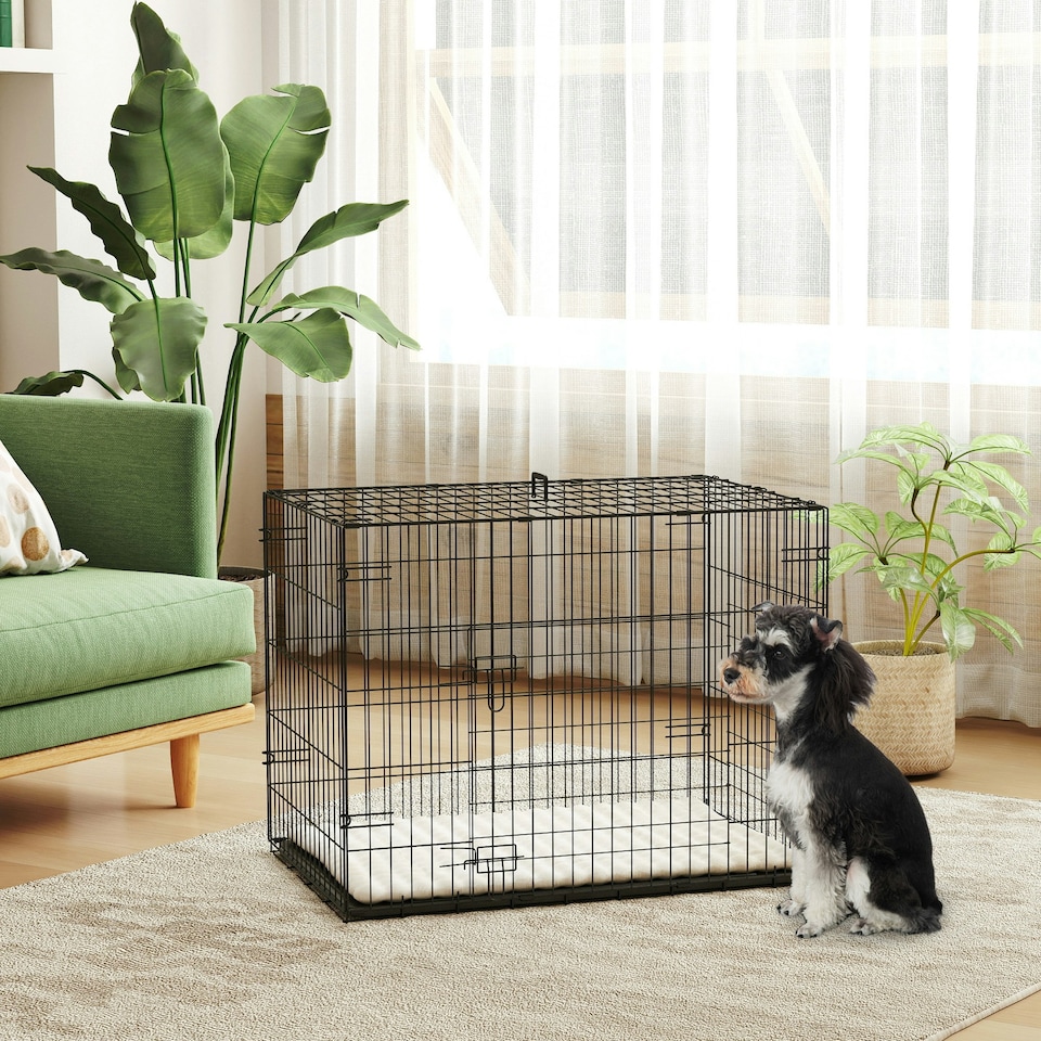 image 1 of PawHut Dog Crate with Two Doors, Tray, Soft Cushion, for Small Dogs, Black