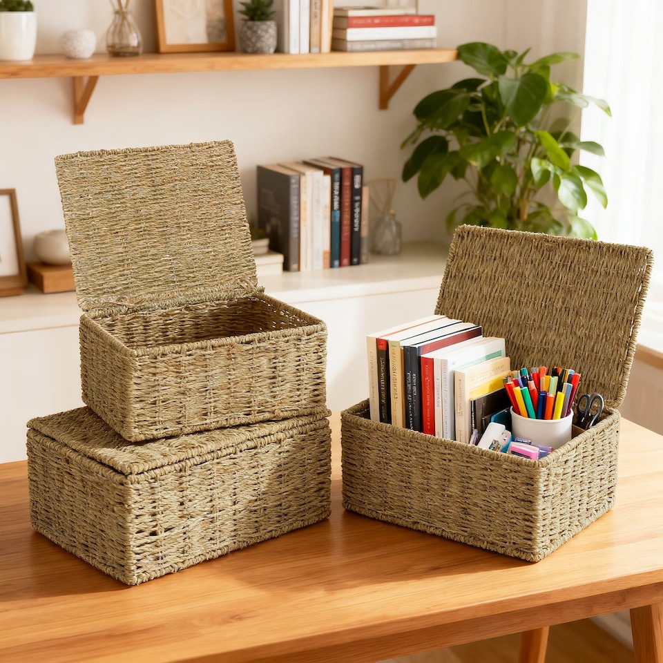 image 1 of Wickerfield Seagrass Woven Storage Basket with Lid for Home Storage Gift Hampers and Display