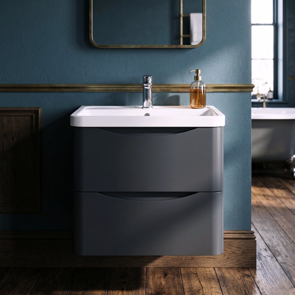 image 1 of Balterley Arch Wall Hung 2 Drawer Bathroom Vanity Unit & Polymarble Basin | Grey | Dark Grey