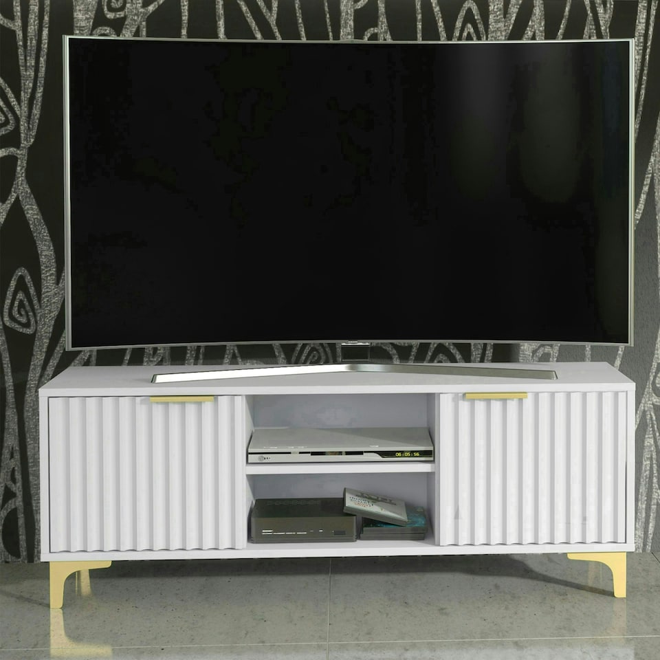 image 1 of Bold TV unit 120cm white ribbed fronts gold accents | White | One Size | 1